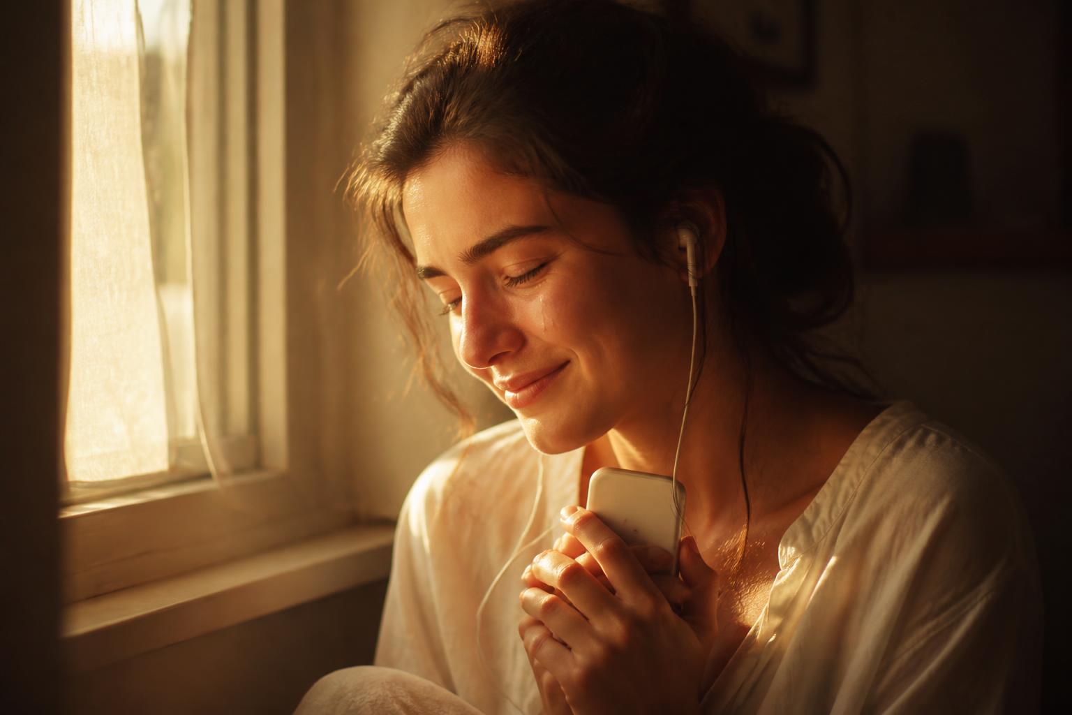Mujer joven escuchando un mensaje con auriculares
