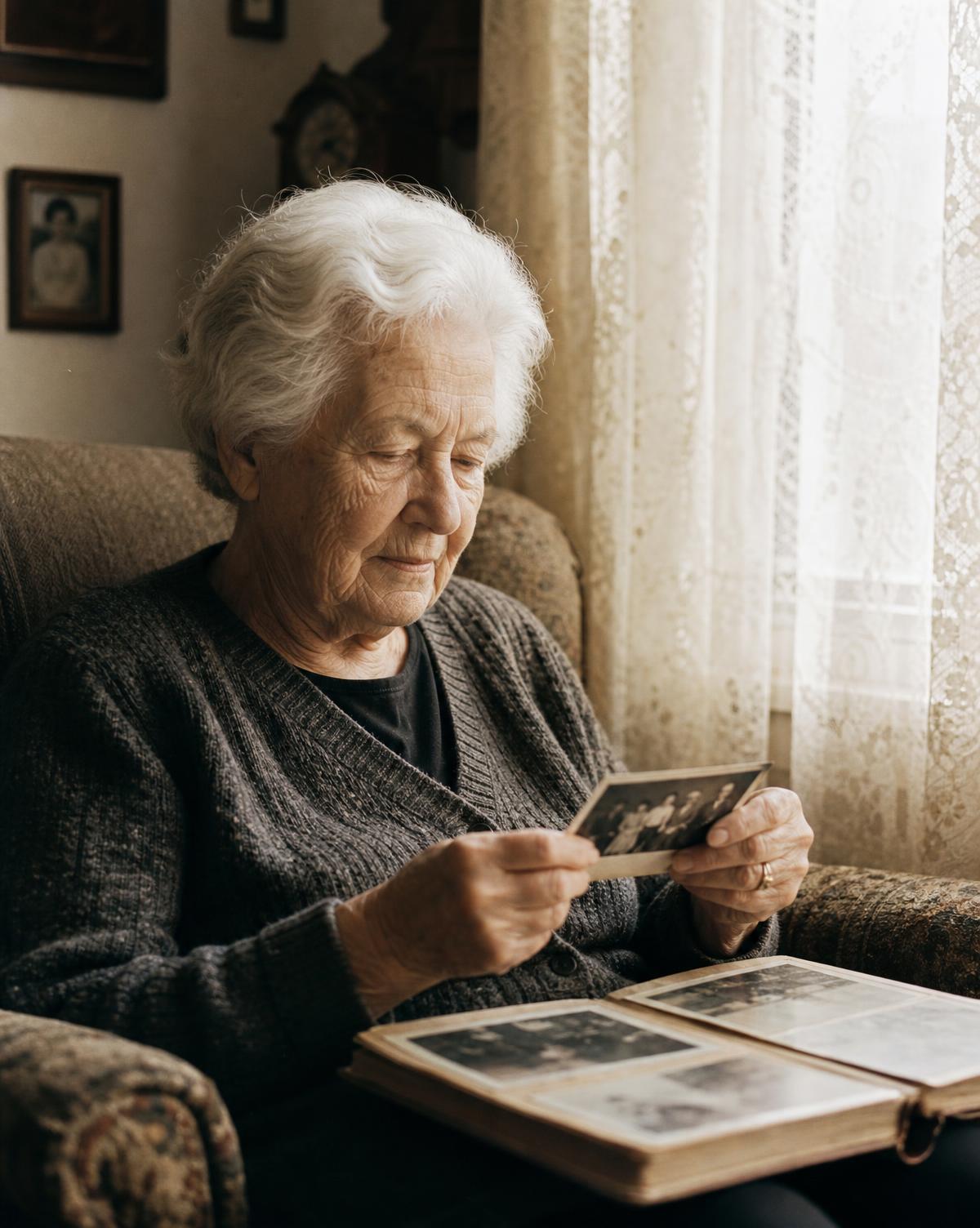 Anciana mirando un álbum de fotografías antiguas junto a la ventana
