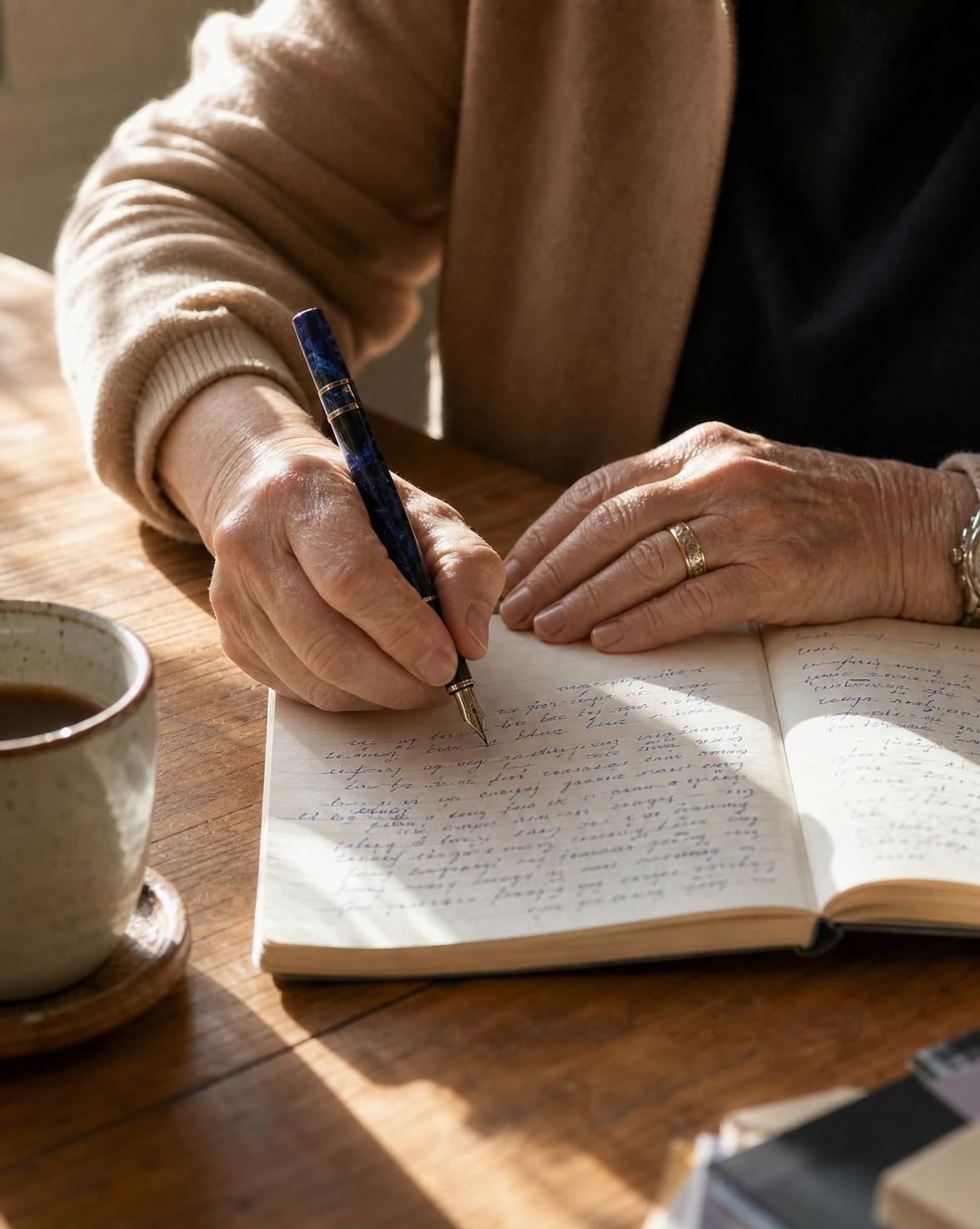 Manos de una mujer escribiendo a mano en un cuaderno con pluma azul